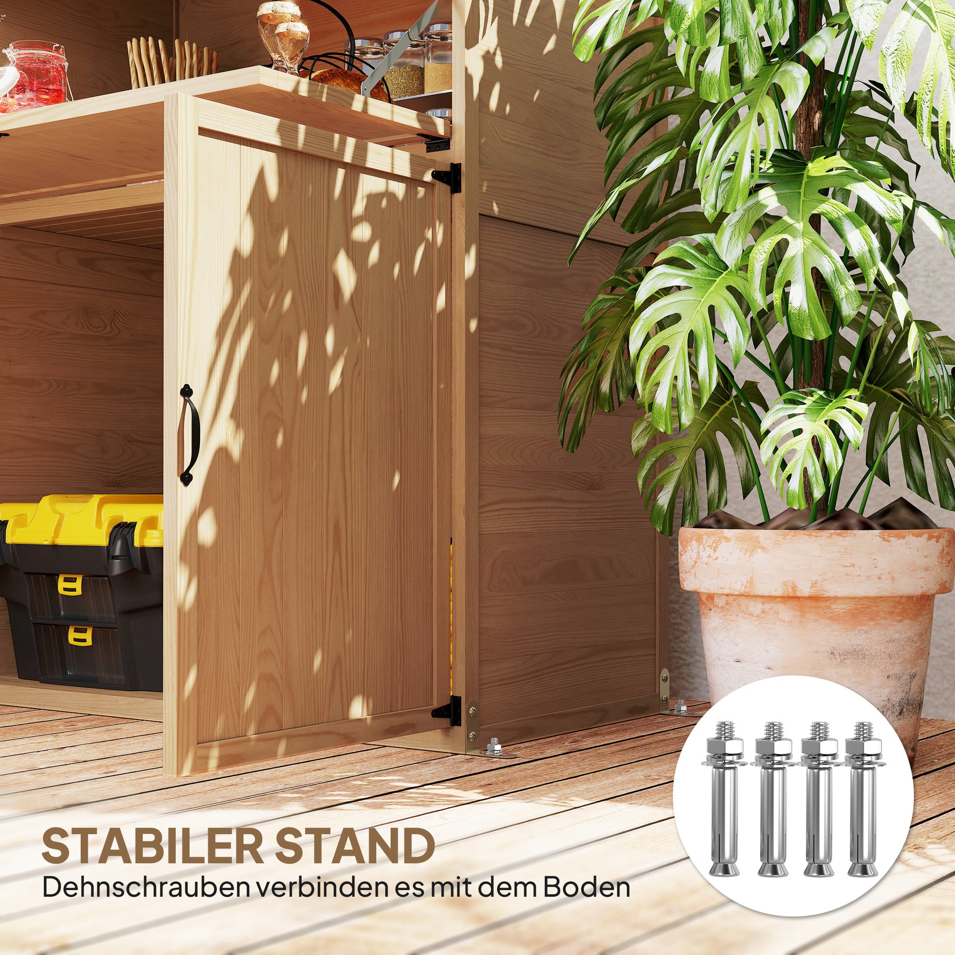 Wooden Garden Cabinet, Tool Shed with Stepped Roof Foldable Table Double Doors 110 x 54 x 136 cm, Weatherproof Storage Cabinet, Tool House Garden Shed for Garden, Patio, Natural Wood