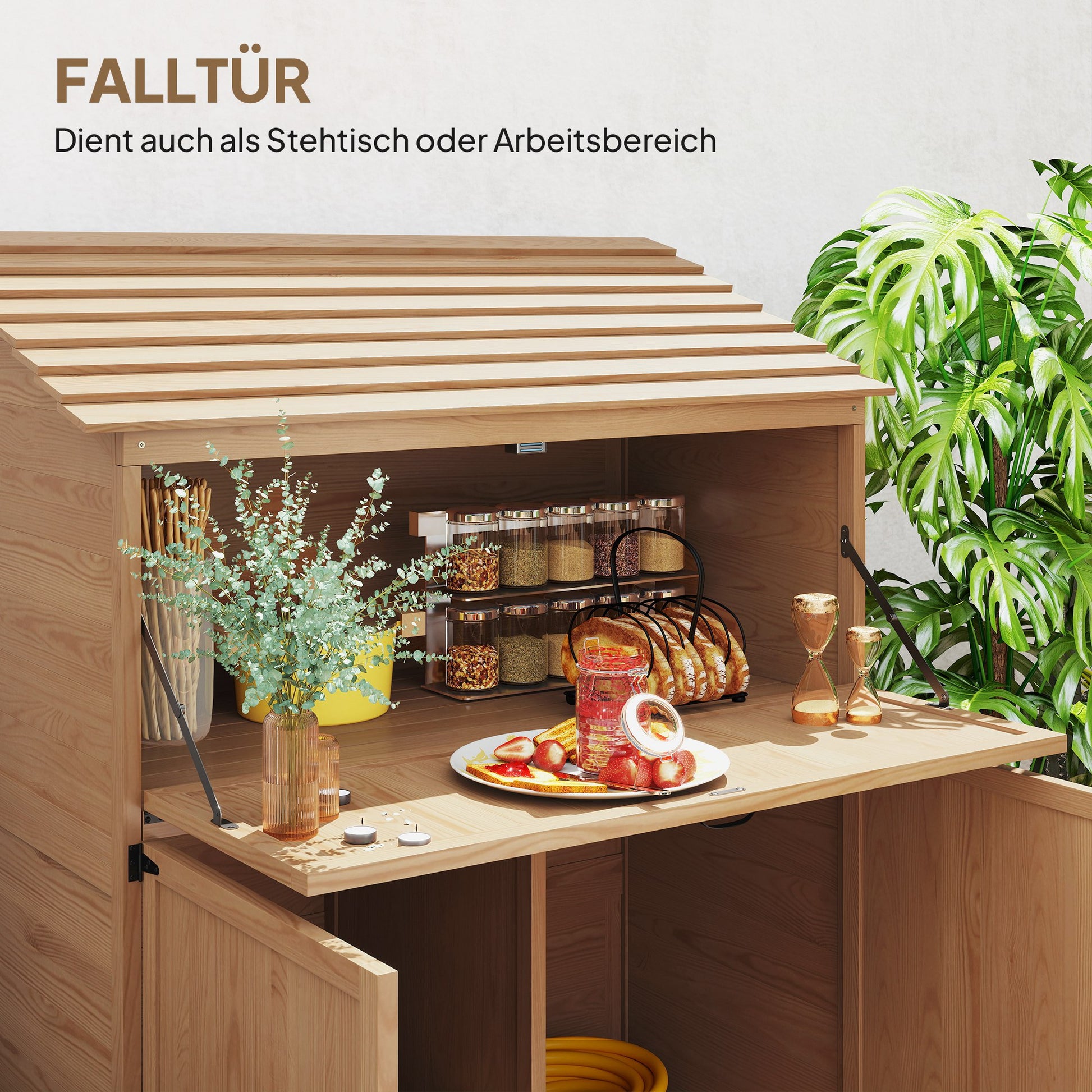 Wooden Garden Cabinet, Tool Shed with Stepped Roof Foldable Table Double Doors 110 x 54 x 136 cm, Weatherproof Storage Cabinet, Tool House Garden Shed for Garden, Patio, Natural Wood