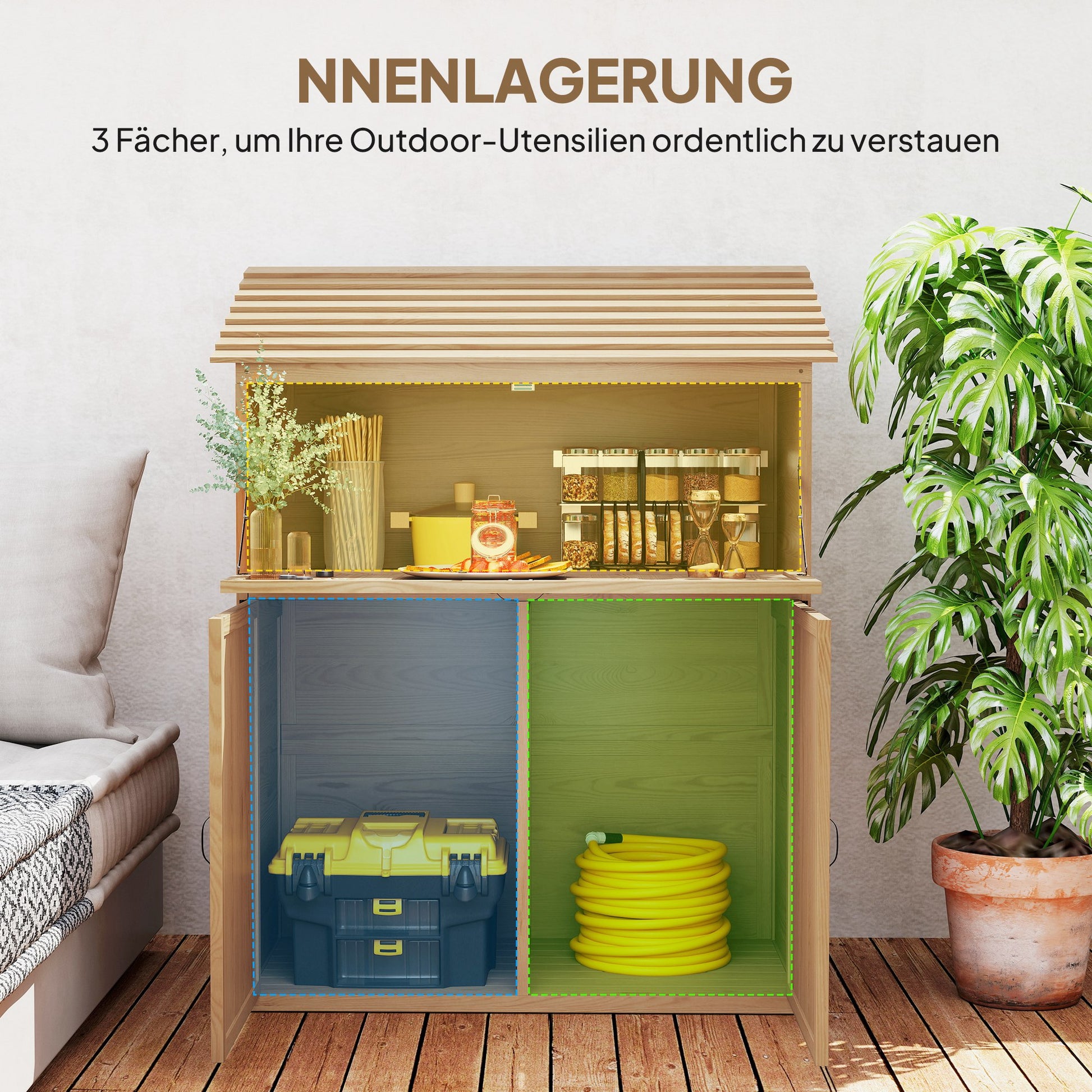 Wooden Garden Cabinet, Tool Shed with Stepped Roof Foldable Table Double Doors 110 x 54 x 136 cm, Weatherproof Storage Cabinet, Tool House Garden Shed for Garden, Patio, Natural Wood