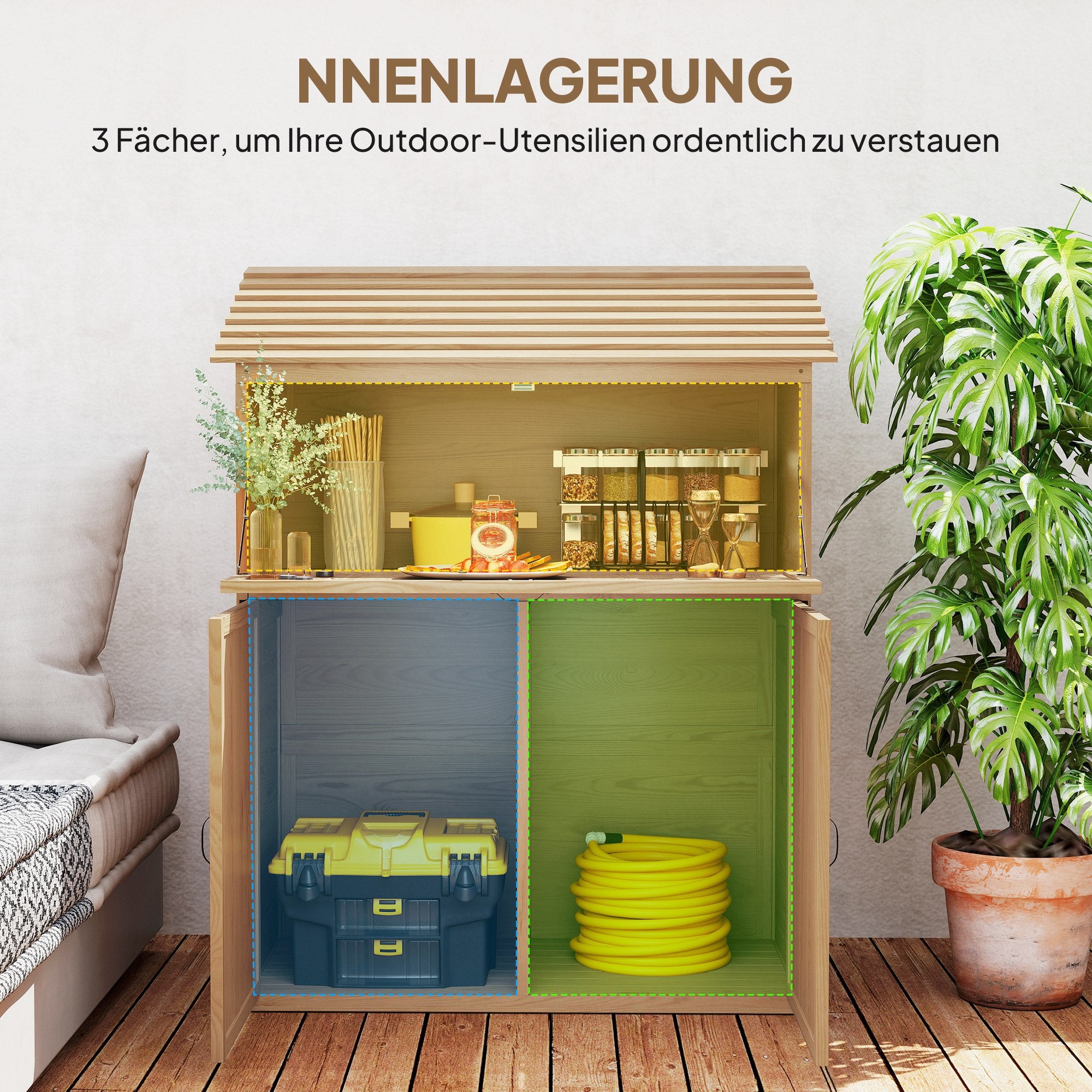 Wooden Garden Cabinet, Tool Shed with Stepped Roof Foldable Table Double Doors 110 x 54 x 136 cm, Weatherproof Storage Cabinet, Tool House Garden Shed for Garden, Patio, Natural Wood
