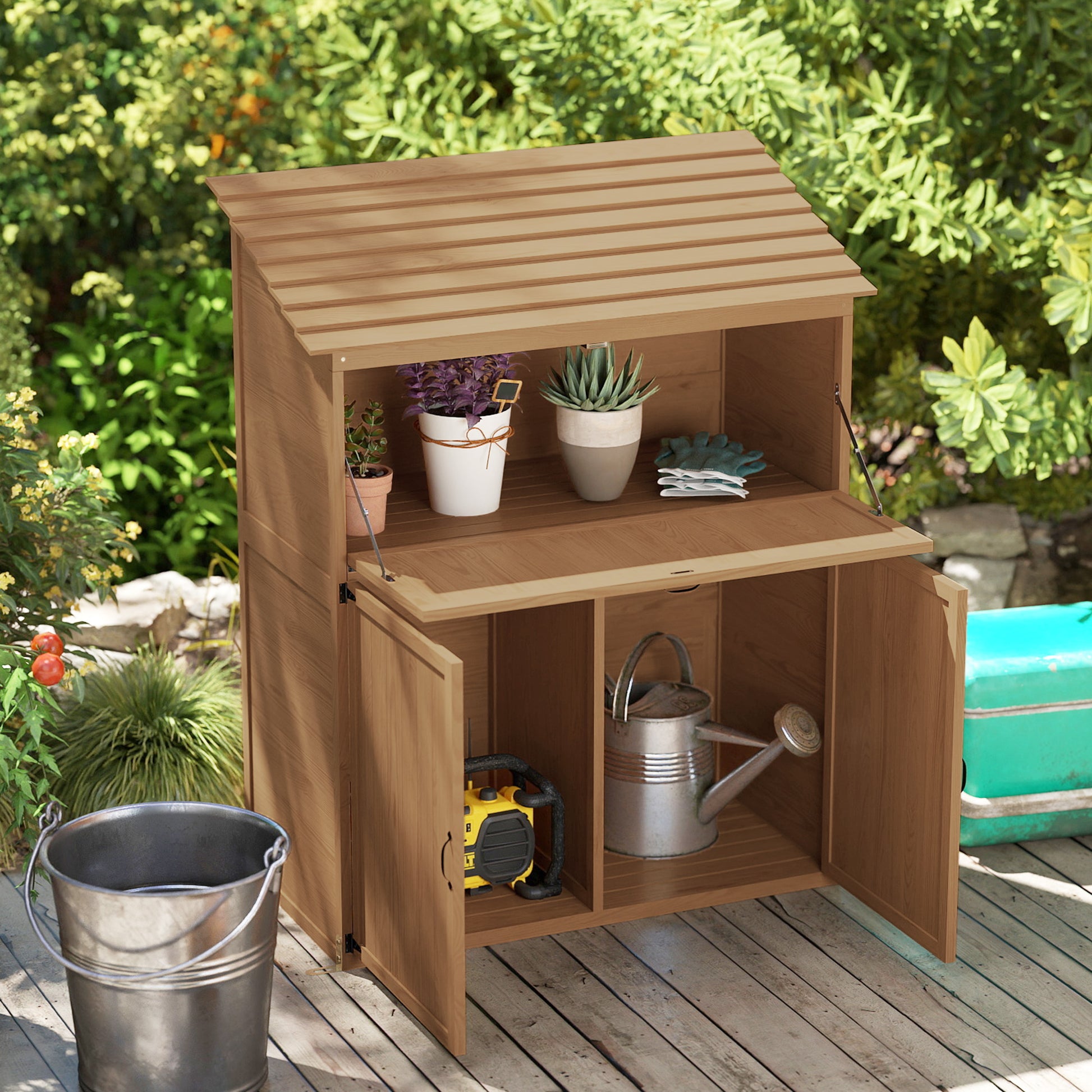 Wooden Garden Cabinet, Tool Shed with Stepped Roof Foldable Table Double Doors 110 x 54 x 136 cm, Weatherproof Storage Cabinet, Tool House Garden Shed for Garden, Patio, Natural Wood