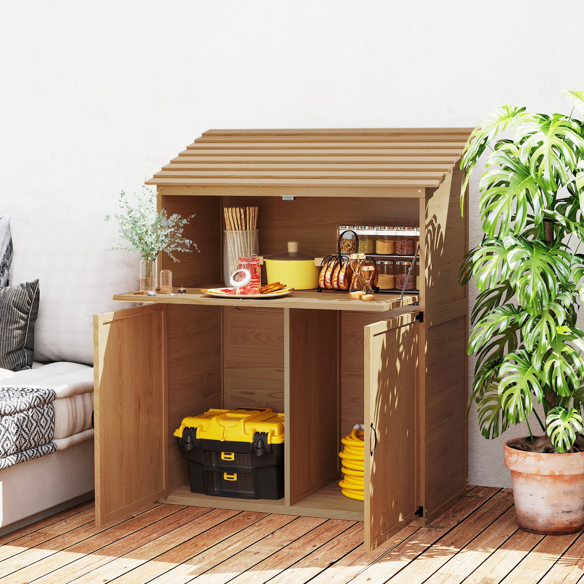 Wooden Garden Cabinet, Tool Shed with Stepped Roof Foldable Table Double Doors 110 x 54 x 136 cm, Weatherproof Storage Cabinet, Tool House Garden Shed for Garden, Patio, Natural Wood