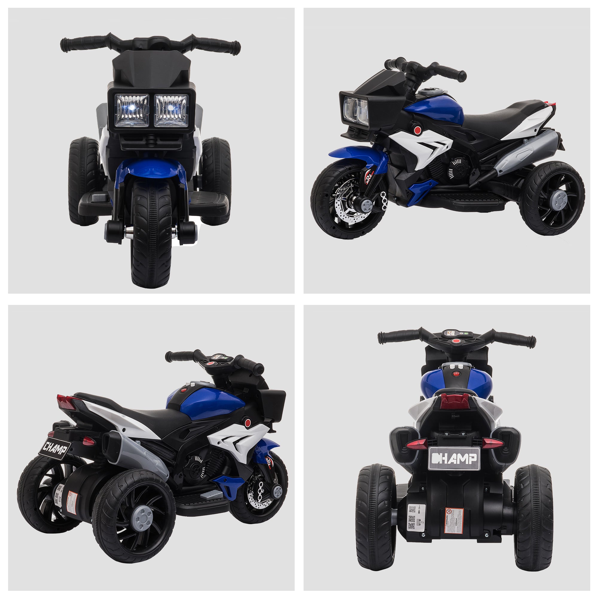 Kids Electric Motorcycle for +3 Years Kids 6V Battery-Powered Bike with Lights Music Horn Wide Tires 3 km/h Blue and Black