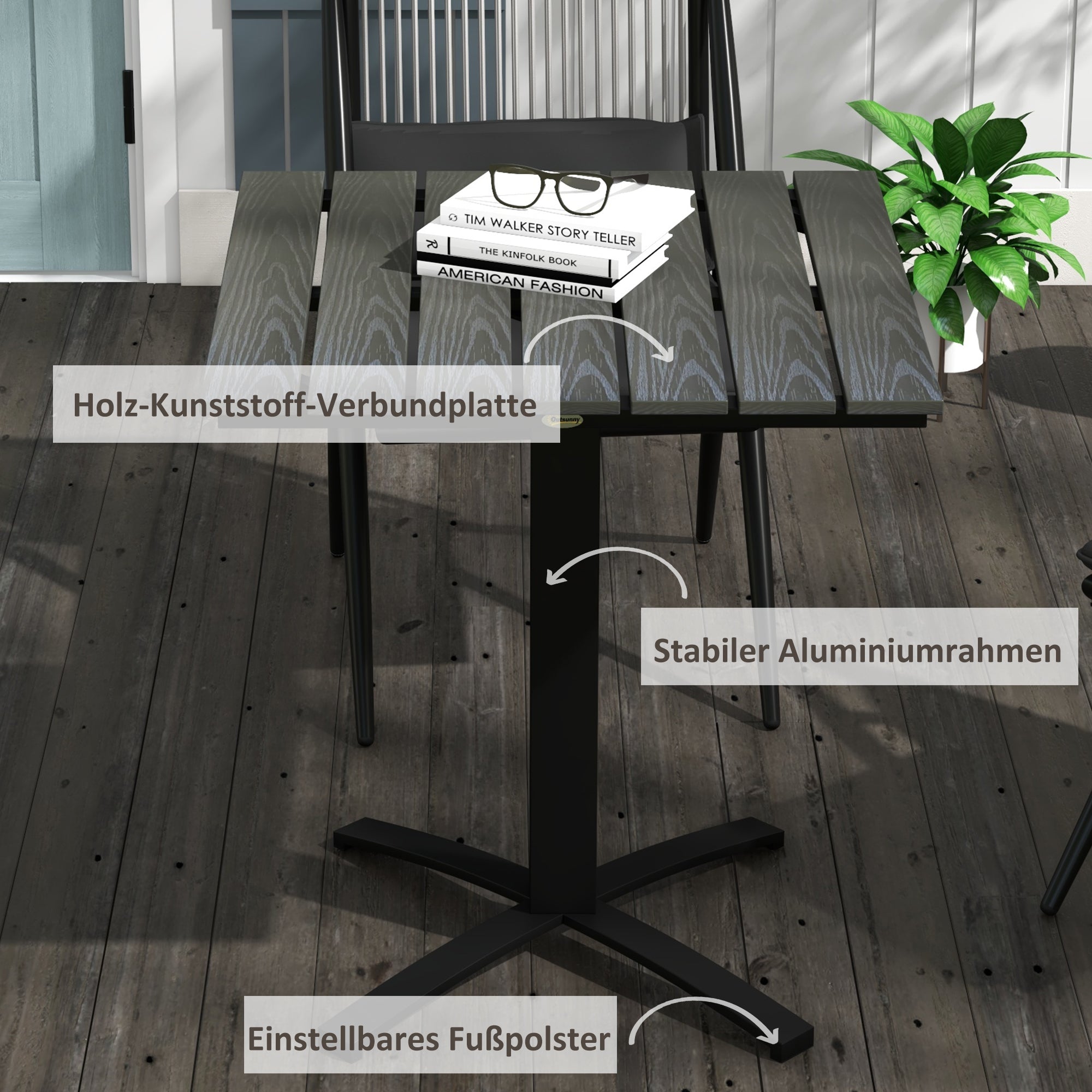 Garden Table, Dining Table for 4 People, Square Patio Table with Wood-Look Finish for Terrace, Aluminum, Gray, 70 x 70 x 76 cm