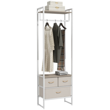 Clothes Rack Hallway Stand with 3 Fabric Drawers Hanging Rail and Storage Shelf for Hallway Bedroom Living Room 58.5x30x178 cm Natural