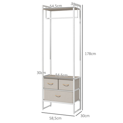 Clothes Rack Hallway Stand with 3 Fabric Drawers Hanging Rail and Storage Shelf for Hallway Bedroom Living Room 58.5x30x178 cm Natural