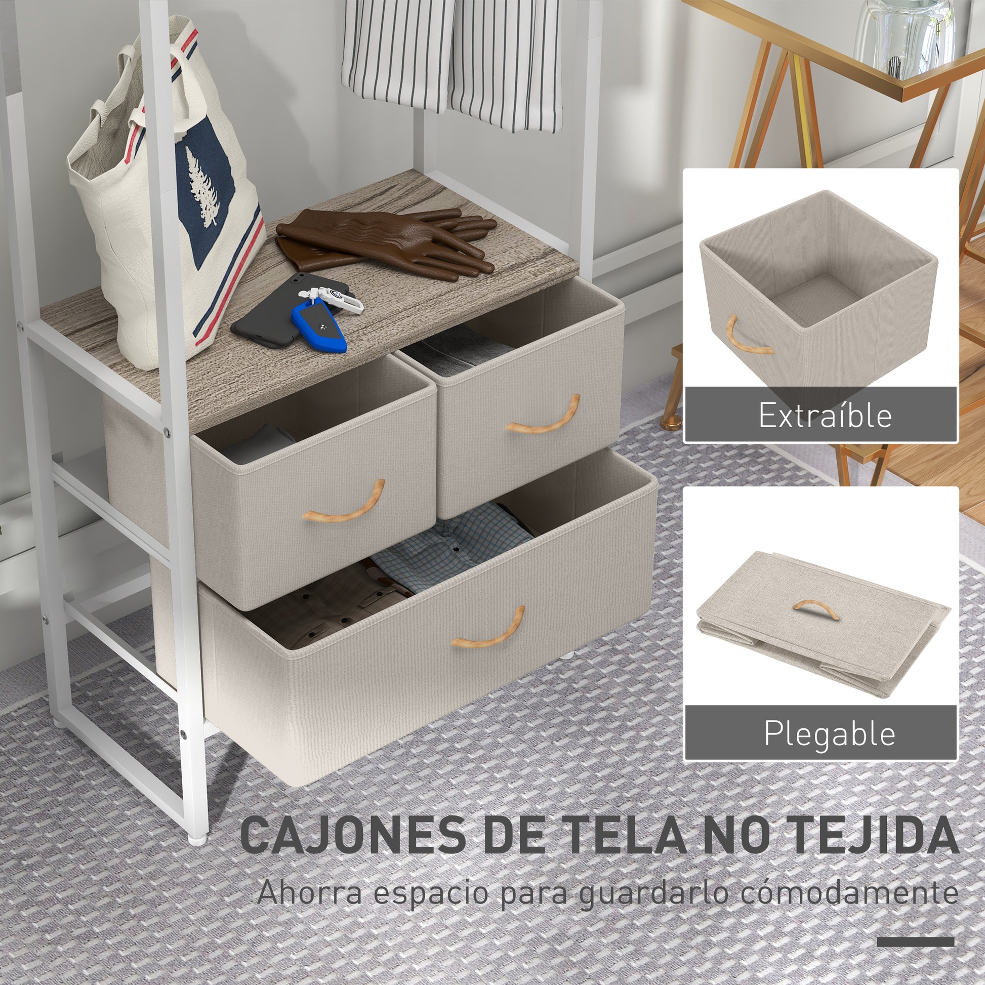 Clothes Rack Hallway Stand with 3 Fabric Drawers Hanging Rail and Storage Shelf for Hallway Bedroom Living Room 58.5x30x178 cm Natural