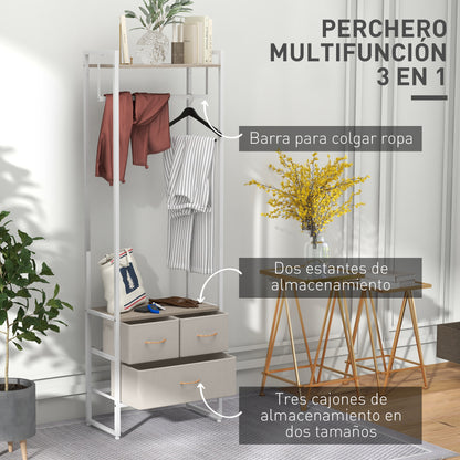 Clothes Rack Hallway Stand with 3 Fabric Drawers Hanging Rail and Storage Shelf for Hallway Bedroom Living Room 58.5x30x178 cm Natural