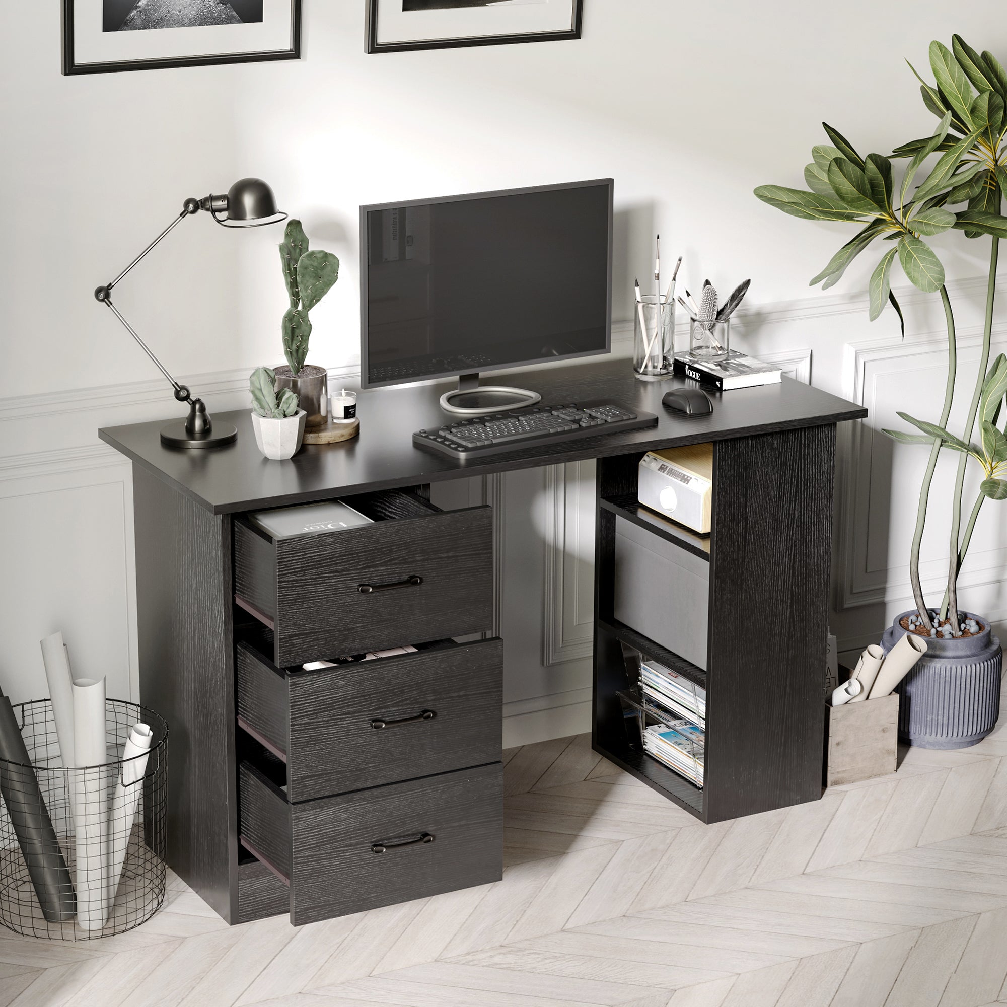 Computer Desk with 3 Drawers and 3 Shelves, Desk for Bedroom and Office 120x49x72cm, Black