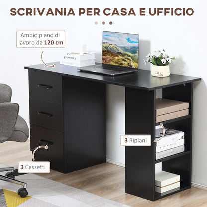 Computer Desk with 3 Drawers and 3 Shelves, Desk for Bedroom and Office 120x49x72cm, Black