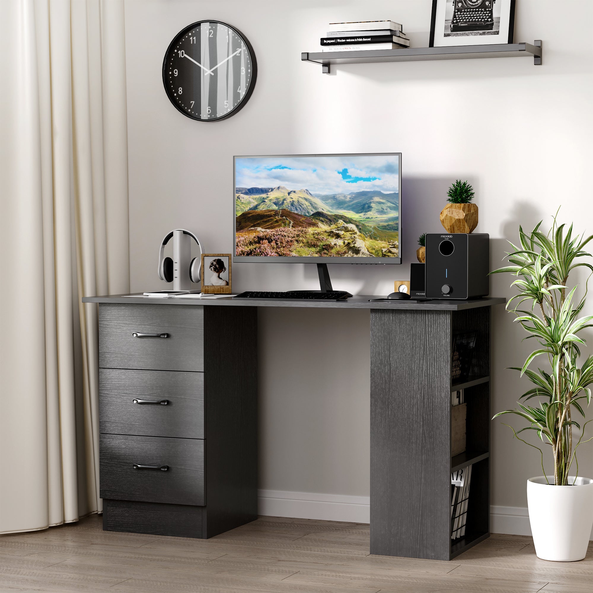 Computer Desk with 3 Drawers and 3 Shelves, Desk for Bedroom and Office 120x49x72cm, Black