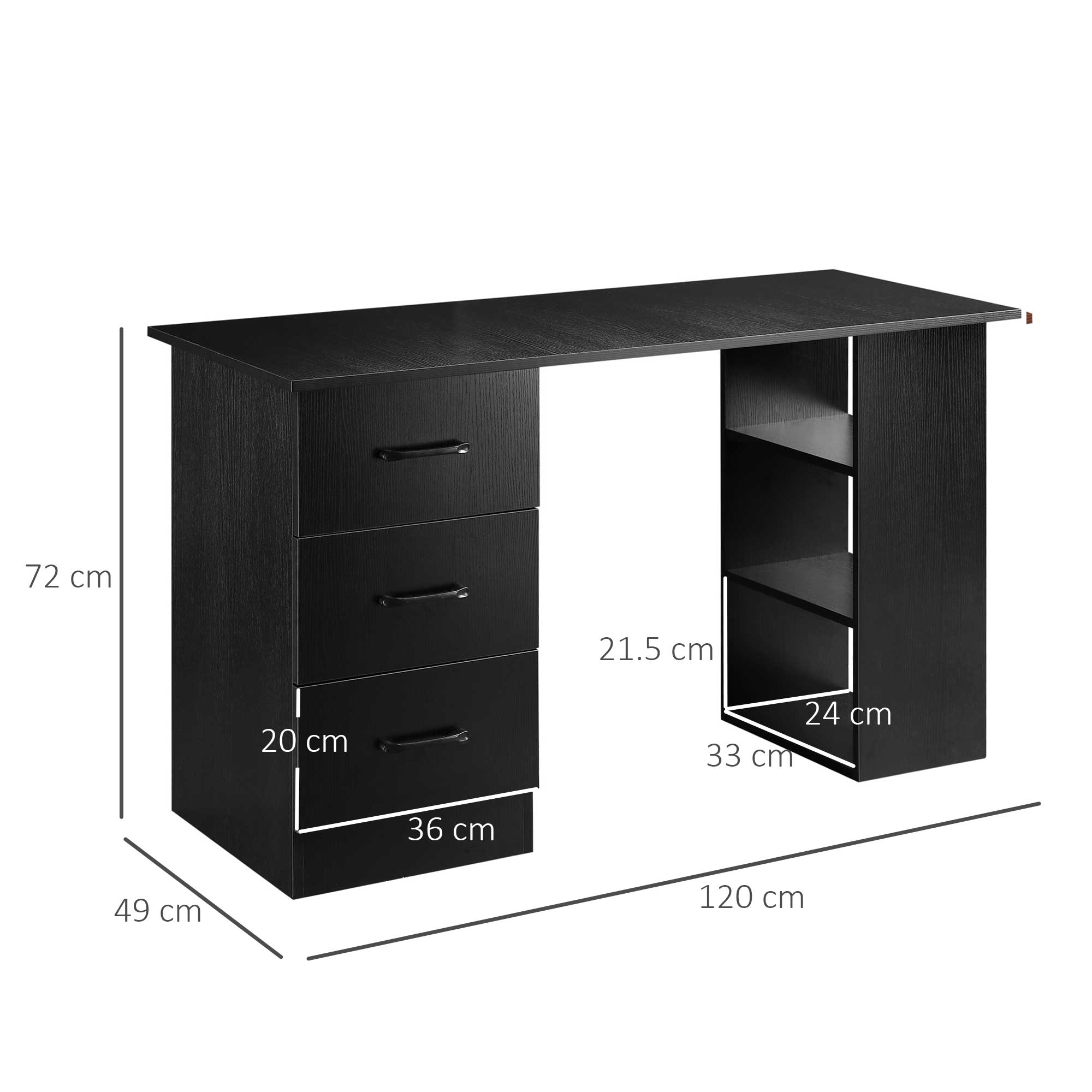 Computer Desk with 3 Drawers and 3 Shelves, Desk for Bedroom and Office 120x49x72cm, Black