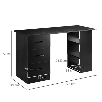 Computer Desk with 3 Drawers and 3 Shelves, Desk for Bedroom and Office 120x49x72cm, Black