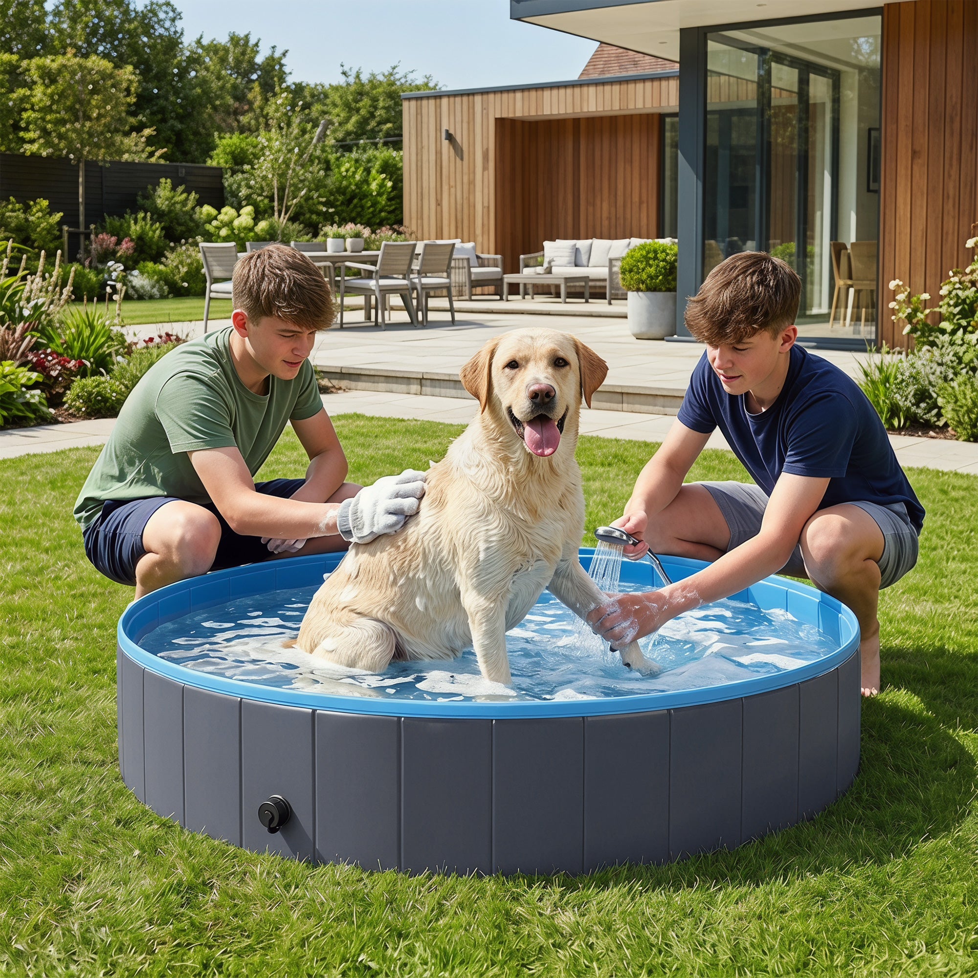 Foldable Dog Pool for Large & Extra-Large Dogs — 63 x 11.8 in (160 x 30 cm), Non-Inflatable, Anti-Slip, Dark Gray