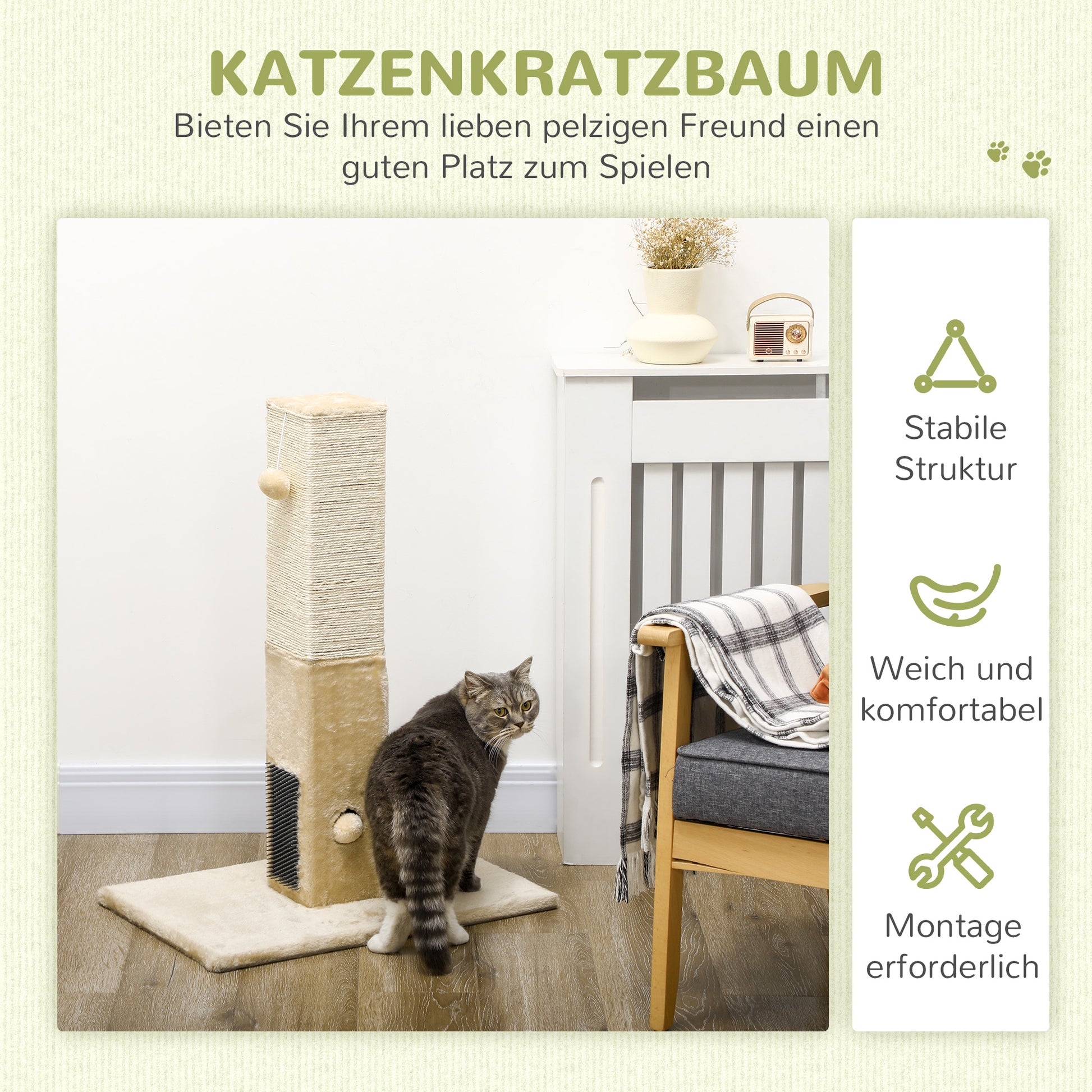Cat Scratching Post 79 cm High Scratching Pole Cat Tree with Fur Brushes 2 Play Balls, Sisal Rope, Cat Scratcher for Medium Cats, Beige