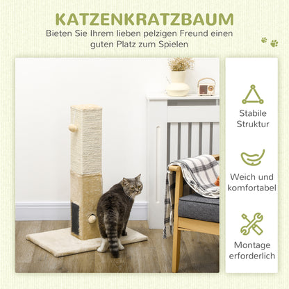 Cat Scratching Post 79 cm High Scratching Pole Cat Tree with Fur Brushes 2 Play Balls, Sisal Rope, Cat Scratcher for Medium Cats, Beige
