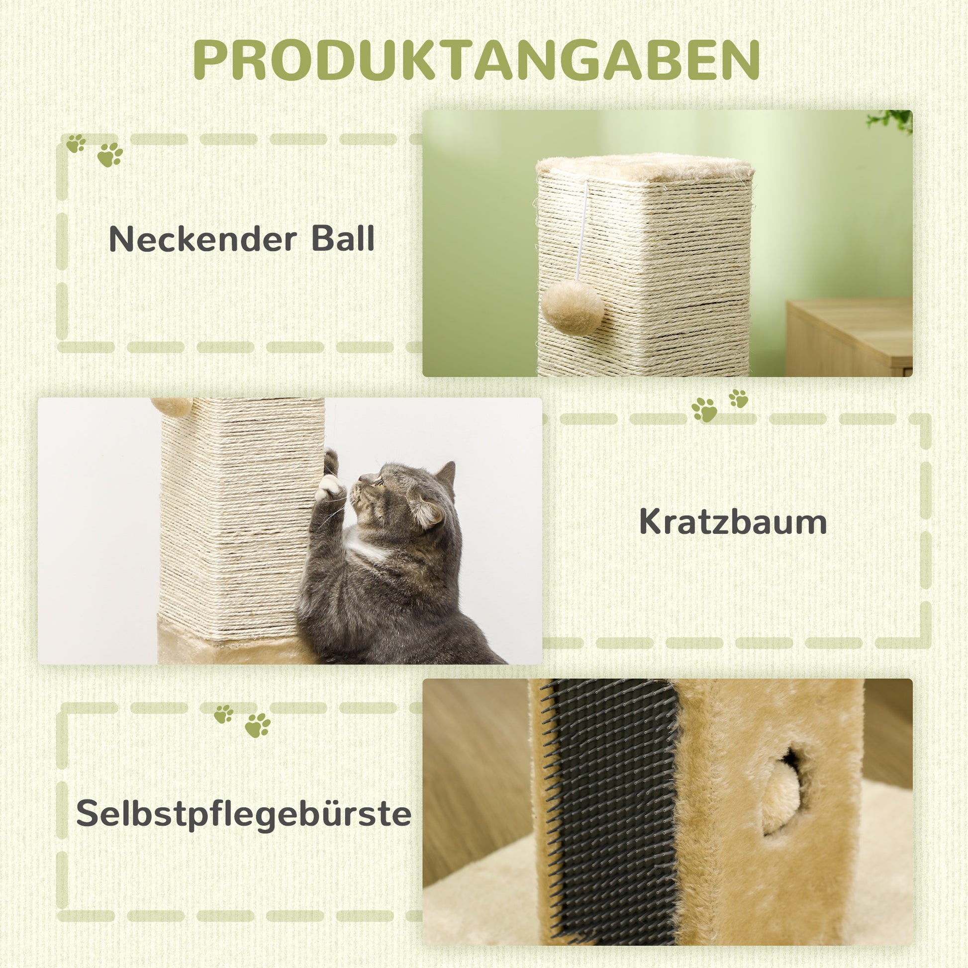 Cat Scratching Post 79 cm High Scratching Pole Cat Tree with Fur Brushes 2 Play Balls, Sisal Rope, Cat Scratcher for Medium Cats, Beige
