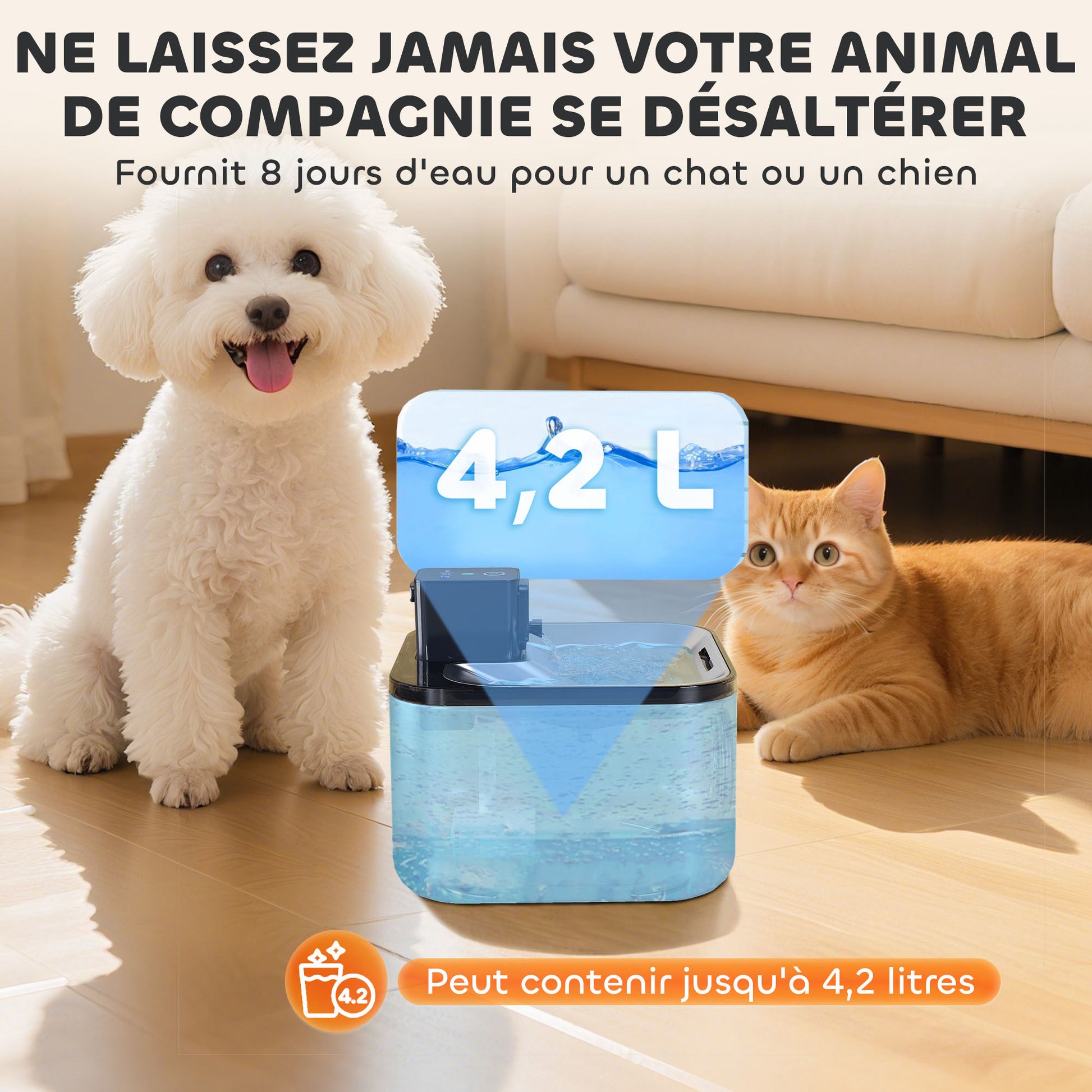 Automatic Stainless Steel 4.2L Wireless Cat Water Fountain, with LED Indicator, Ultra-Quiet Pump, 4,000 mAh Battery, USB Charger, Silver