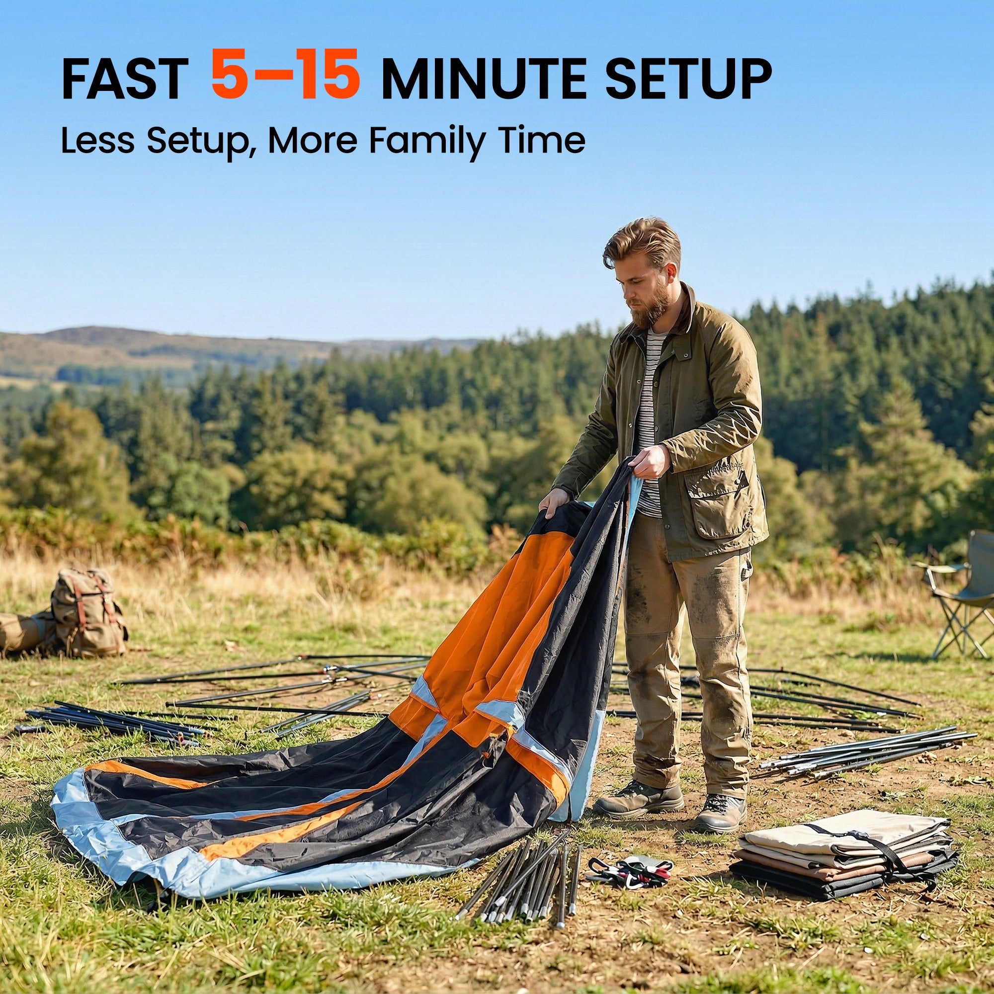 4-Person Tunnel Family Tent with Separate Sleeping & Living Areas, Skylights, PE Groundsheet, 3000 mm Waterproof – Orange/Blue