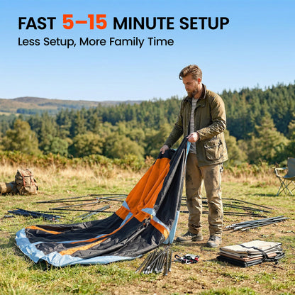 4-Person Tunnel Family Tent with Separate Sleeping & Living Areas, Skylights, PE Groundsheet, 3000 mm Waterproof – Orange/Blue