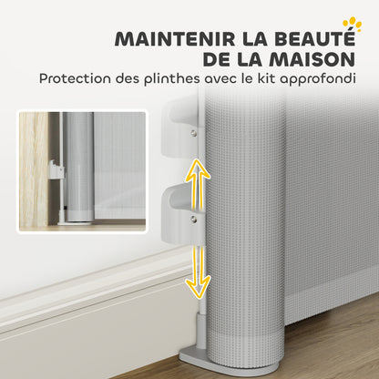 Retractable Dog Safety Gate, 0-149 cm width, extendable protective net, stair and door gate for dogs with automatic locking, gray