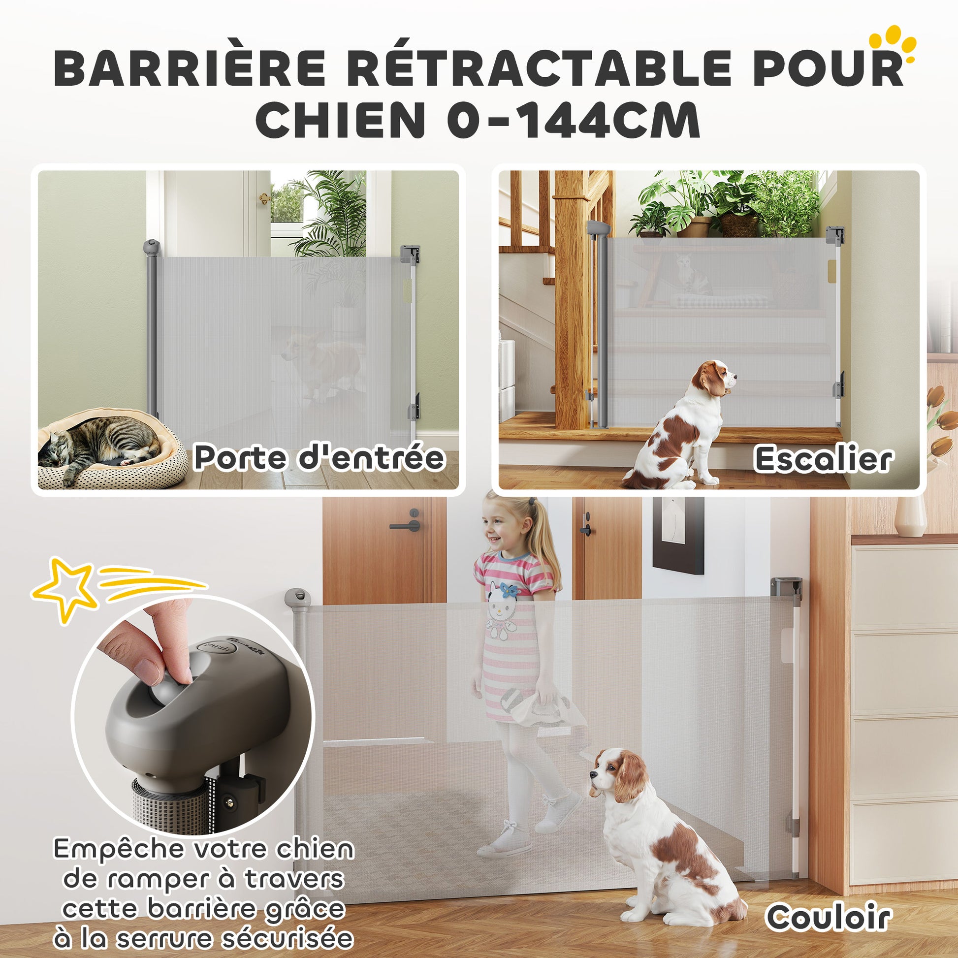Retractable Dog Safety Gate, 0-149 cm width, extendable protective net, stair and door gate for dogs with automatic locking, gray
