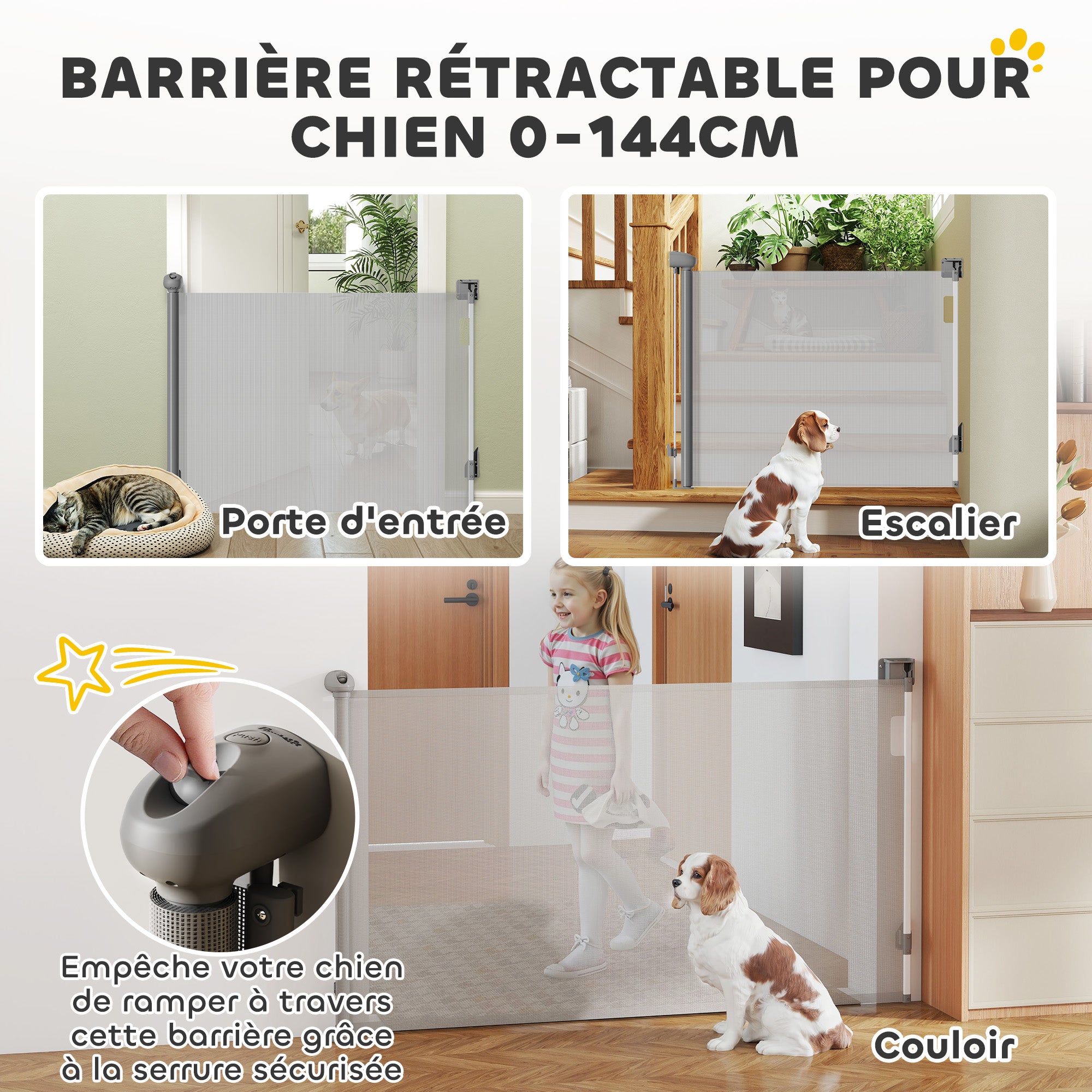 Retractable Dog Safety Gate, 0-149 cm width, extendable protective net, stair and door gate for dogs with automatic locking, gray