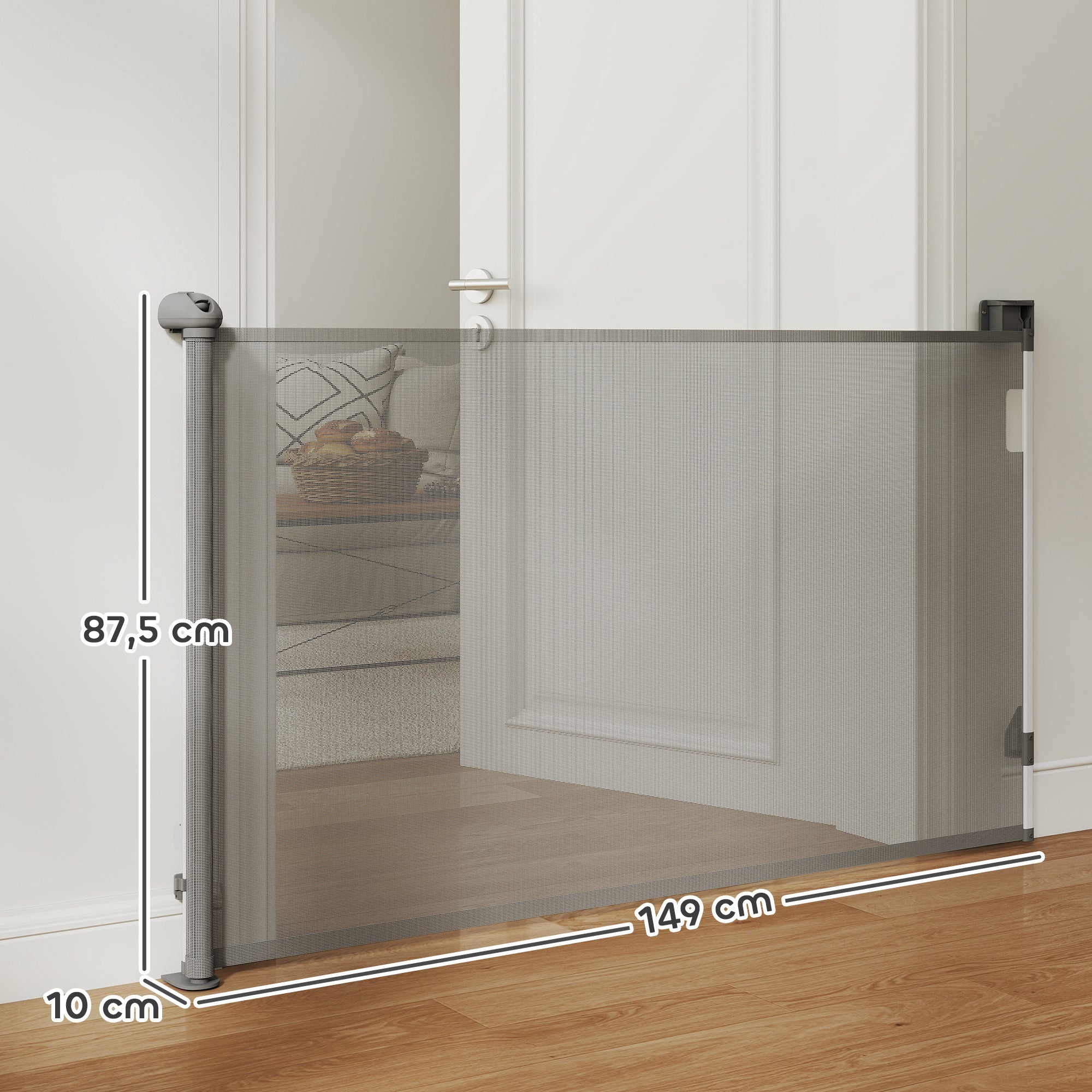 Retractable Dog Safety Gate, 0-149 cm width, extendable protective net, stair and door gate for dogs with automatic locking, gray