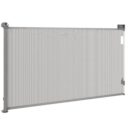 Retractable Dog Safety Gate, 0-149 cm width, extendable protective net, stair and door gate for dogs with automatic locking, gray