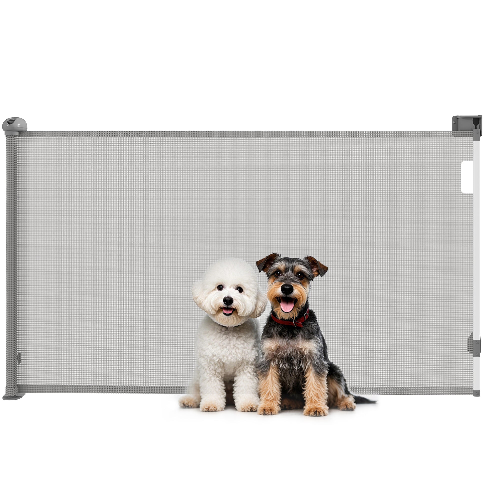 Retractable Dog Safety Gate, 0-149 cm width, extendable protective net, stair and door gate for dogs with automatic locking, gray