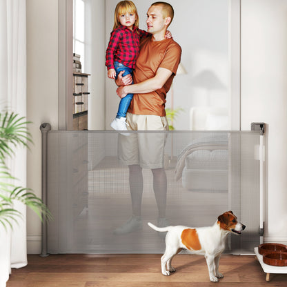 Retractable Dog Safety Gate, 0-149 cm width, extendable protective net, stair and door gate for dogs with automatic locking, gray