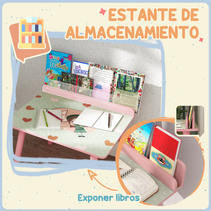 2-Piece Kids' Table and Chair Set Kids' Table with Chair and Bookshelf Desk for Children +3 Years for Playroom Pink