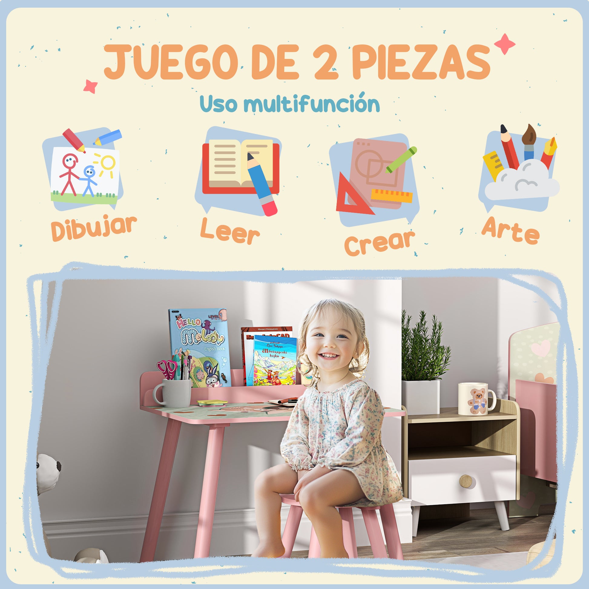 2-Piece Kids' Table and Chair Set Kids' Table with Chair and Bookshelf Desk for Children +3 Years for Playroom Pink