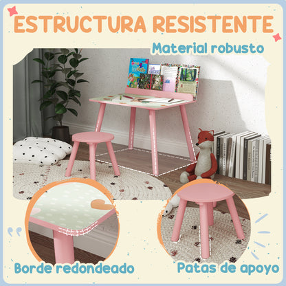 2-Piece Kids' Table and Chair Set Kids' Table with Chair and Bookshelf Desk for Children +3 Years for Playroom Pink