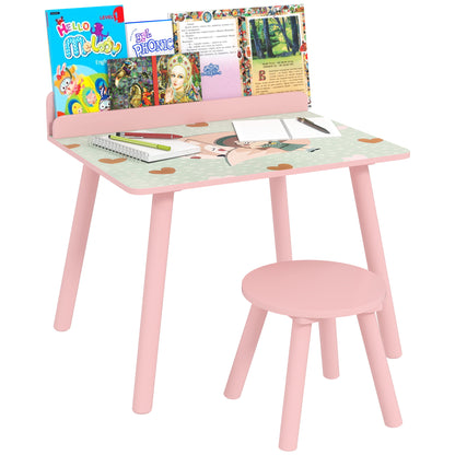 2-Piece Kids' Table and Chair Set Kids' Table with Chair and Bookshelf Desk for Children +3 Years for Playroom Pink