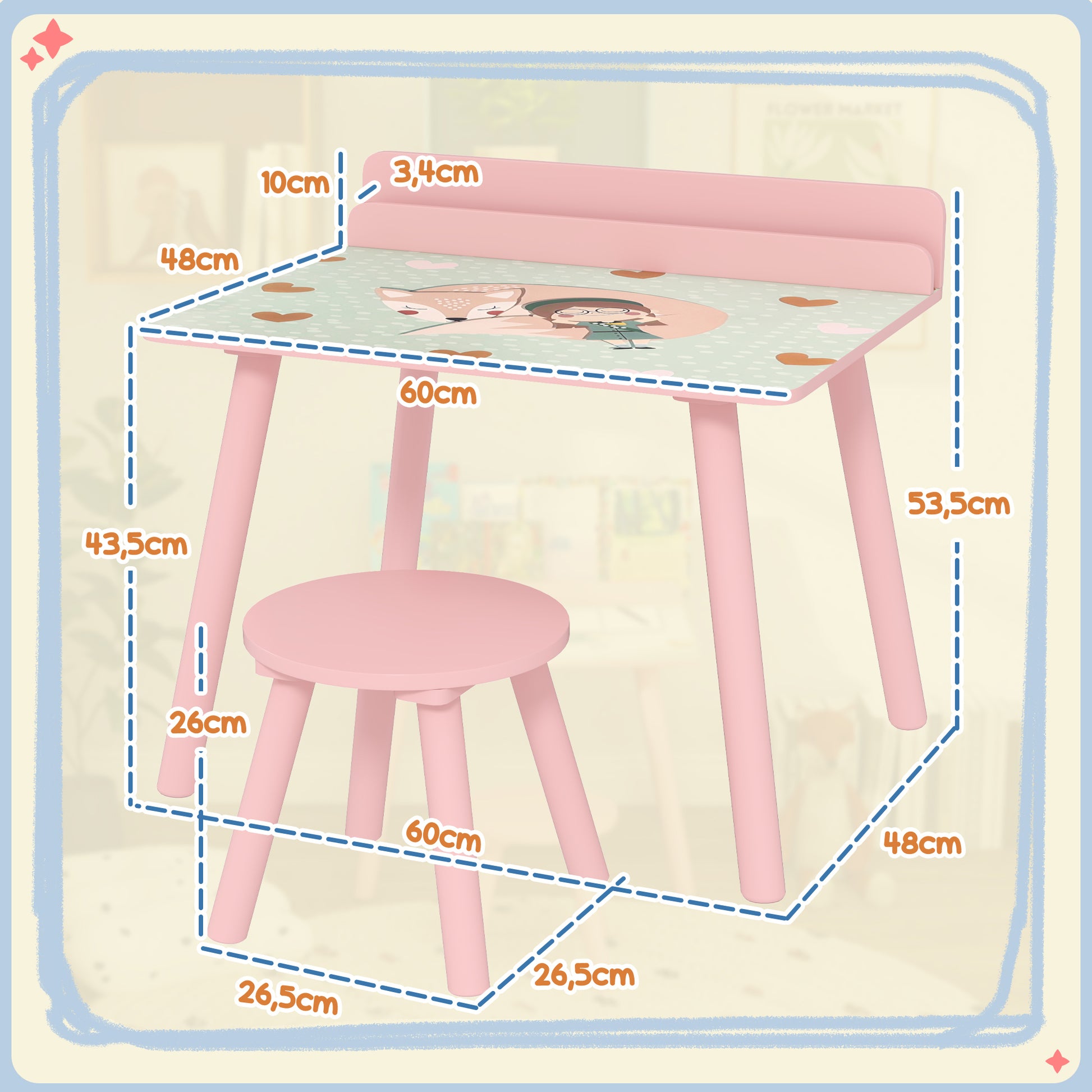 2-Piece Kids' Table and Chair Set Kids' Table with Chair and Bookshelf Desk for Children +3 Years for Playroom Pink