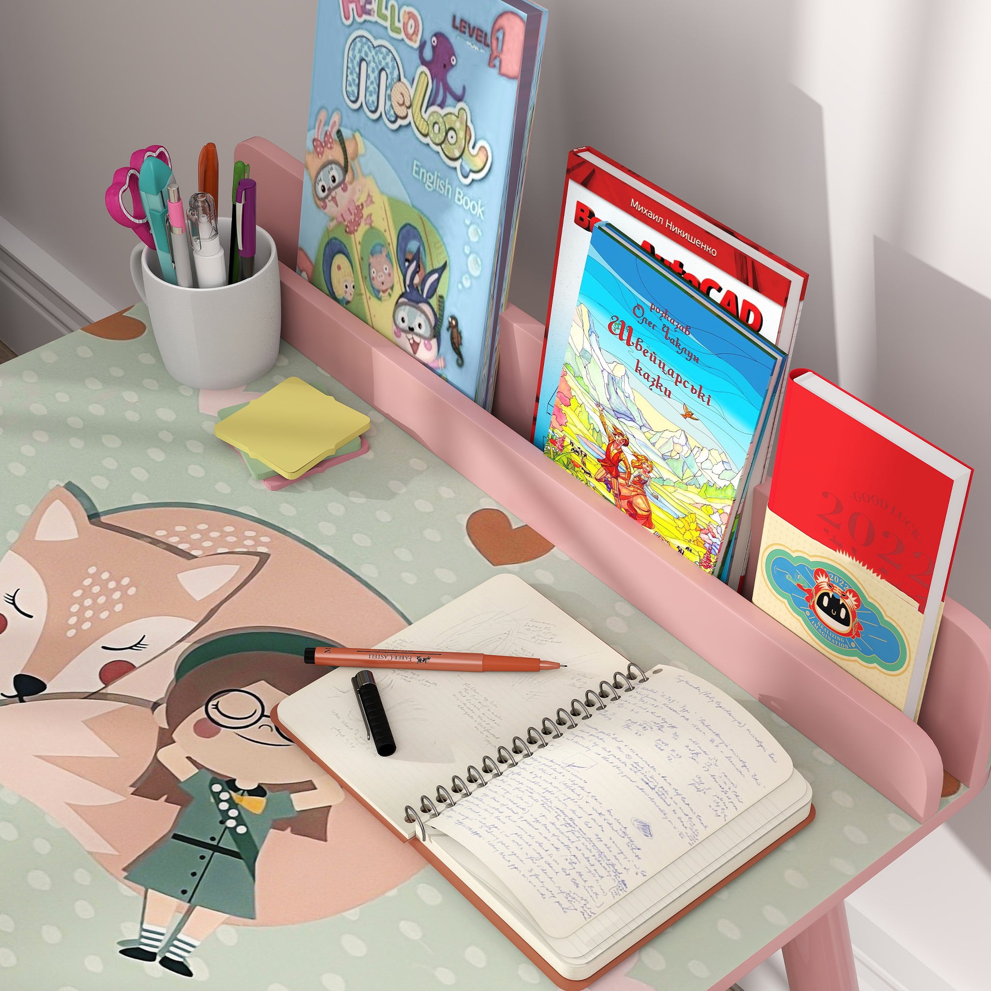 2-Piece Kids' Table and Chair Set Kids' Table with Chair and Bookshelf Desk for Children +3 Years for Playroom Pink