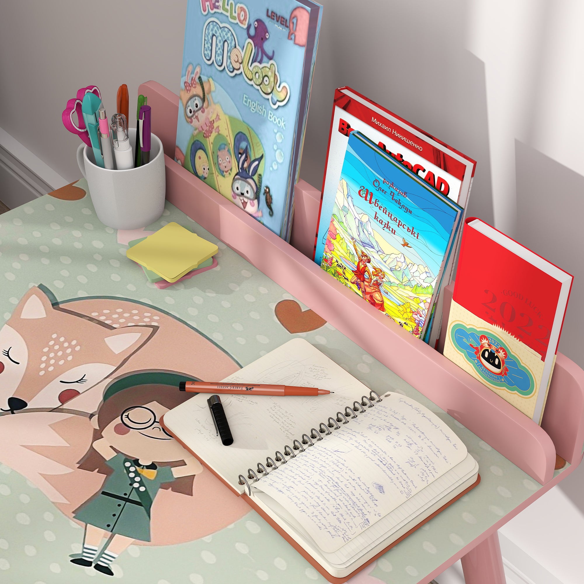 2-Piece Kids' Table and Chair Set Kids' Table with Chair and Bookshelf Desk for Children +3 Years for Playroom Pink