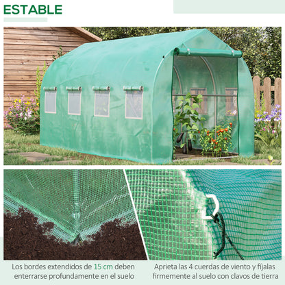 Outdoor Greenhouse 4x2x2 m Tunnel Greenhouse with 8 Mesh Windows and Door Garden Greenhouse for Patio Garden Green