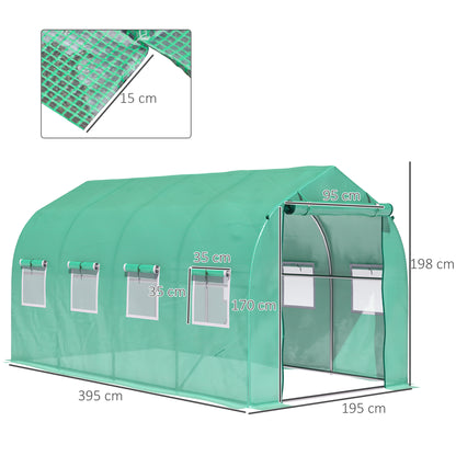 Outdoor Greenhouse 4x2x2 m Tunnel Greenhouse with 8 Mesh Windows and Door Garden Greenhouse for Patio Garden Green