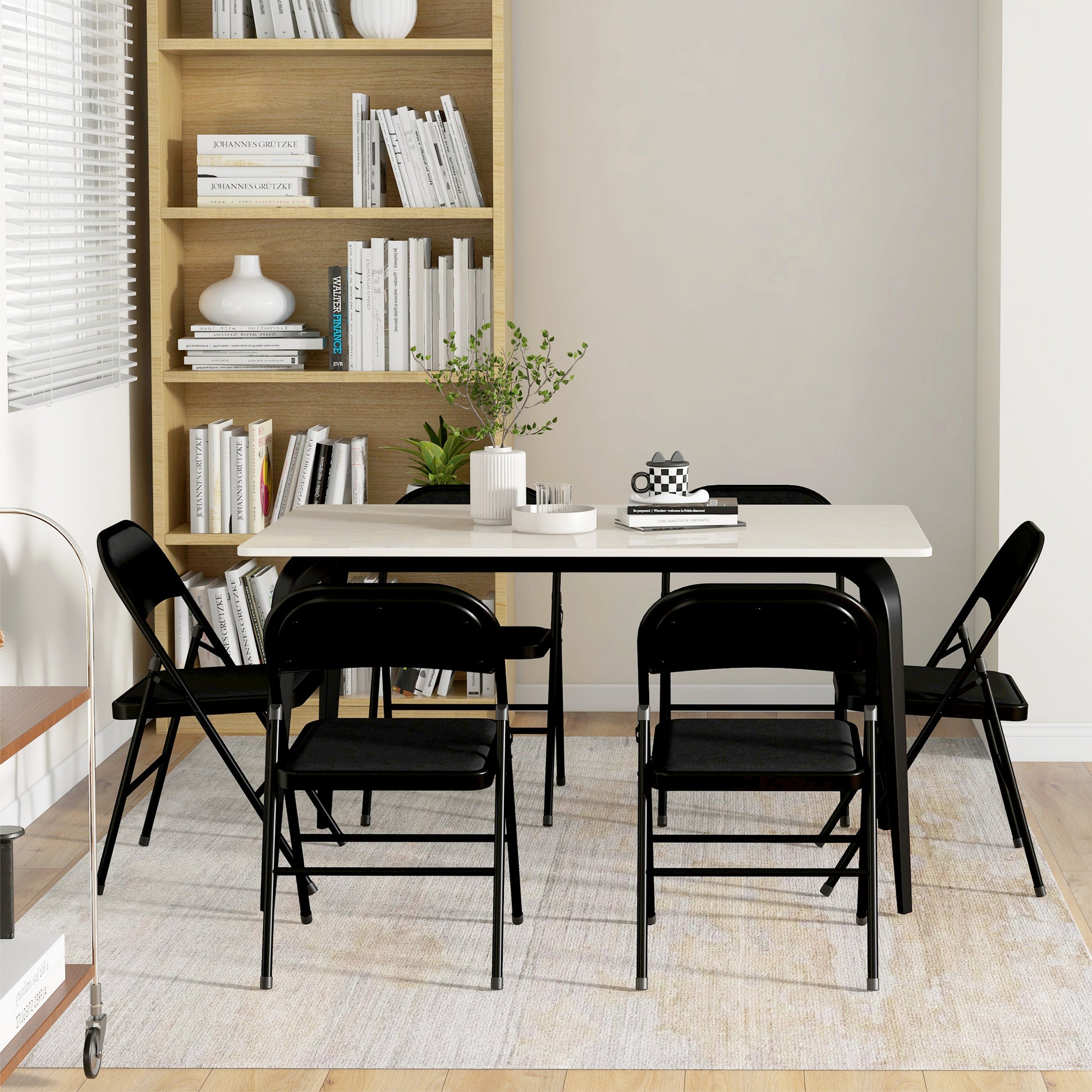 Set of 6 Foldable Chairs with Padded Seat, Modern Space-Saving Chairs with Polyester Cushion for Home and Office, Black