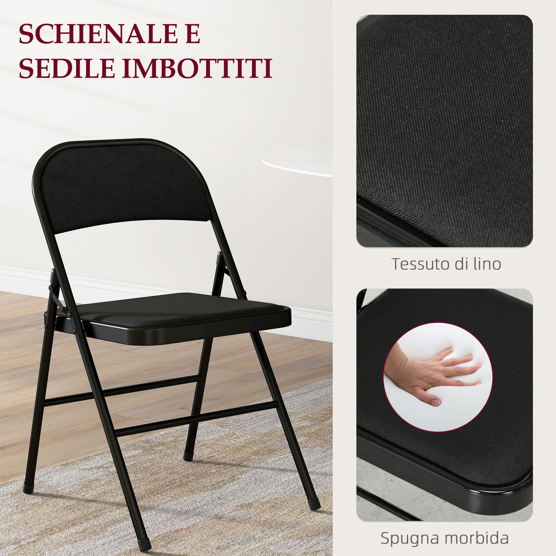 Set of 6 Foldable Chairs with Padded Seat, Modern Space-Saving Chairs with Polyester Cushion for Home and Office, Black