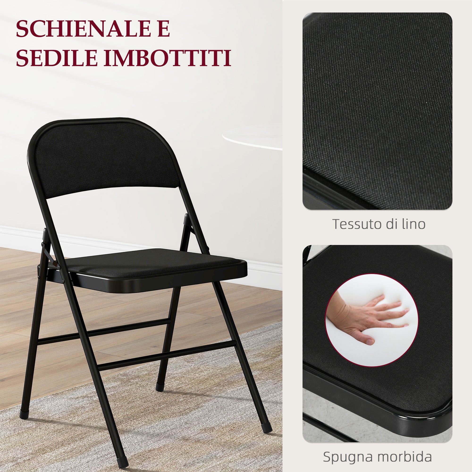 Set of 6 Foldable Chairs with Padded Seat, Modern Space-Saving Chairs with Polyester Cushion for Home and Office, Black