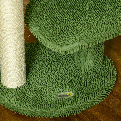 Cactus-Shaped Cat Tree with Scratching Post, Play Ball, and Platform, Chipboard and Plush Cat Tower, 35x31x55.5 cm, Green and White