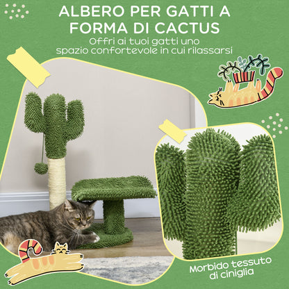 Cactus-Shaped Cat Tree with Scratching Post, Play Ball, and Platform, Chipboard and Plush Cat Tower, 35x31x55.5 cm, Green and White
