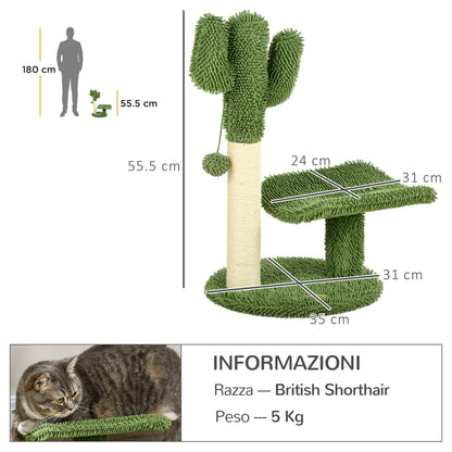 Cactus-Shaped Cat Tree with Scratching Post, Play Ball, and Platform, Chipboard and Plush Cat Tower, 35x31x55.5 cm, Green and White