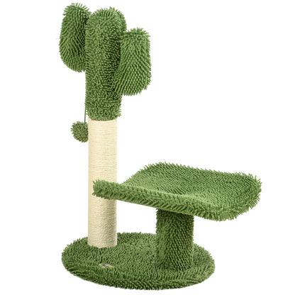 Cactus-Shaped Cat Tree with Scratching Post, Play Ball, and Platform, Chipboard and Plush Cat Tower, 35x31x55.5 cm, Green and White