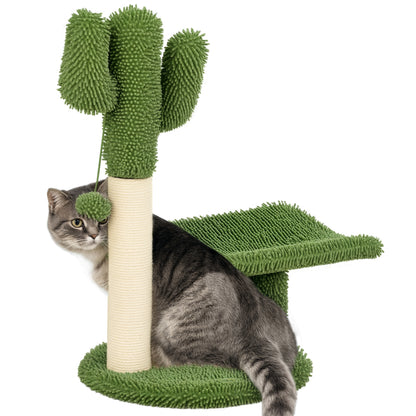 Cactus-Shaped Cat Tree with Scratching Post, Play Ball, and Platform, Chipboard and Plush Cat Tower, 35x31x55.5 cm, Green and White