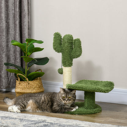 Cactus-Shaped Cat Tree with Scratching Post, Play Ball, and Platform, Chipboard and Plush Cat Tower, 35x31x55.5 cm, Green and White