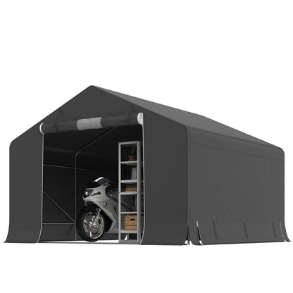 Waterproof Garage Tent 3 x 3 x 2.1 m (9.8 x 9.8 x 6.9 ft) — Roll-Up Zipper Door, Side Vent Window, Weatherproof Storage Shed for Bikes & Garden Tools, Dark Gray